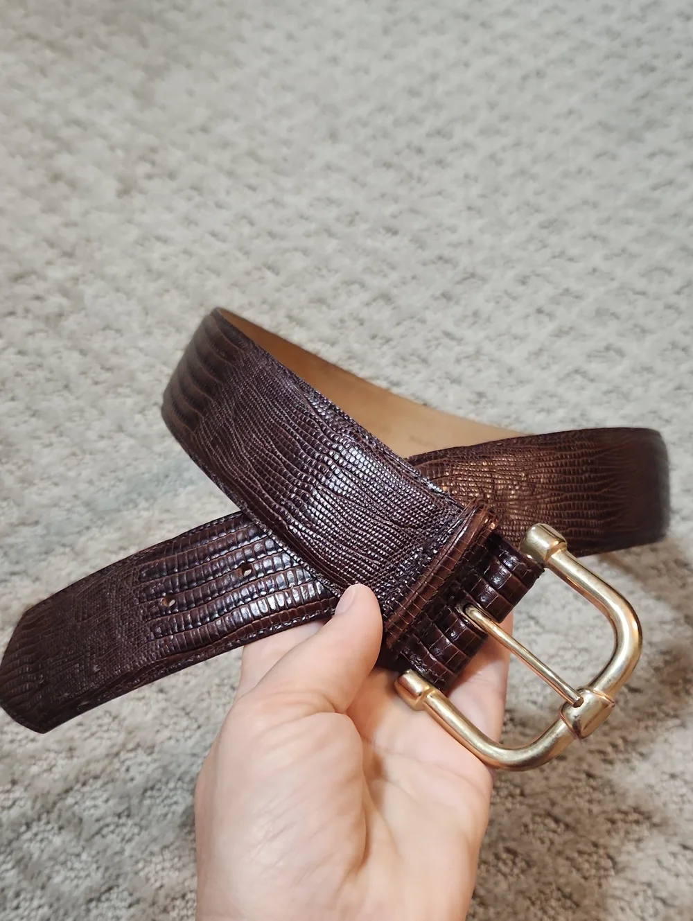 Mark Shale Reptile Embossed Textured Brown Leather Belt Gold Buckle Size Medium
